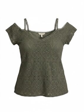 No Comment Plus Lace Cold-Shoulder Top in Olive Green